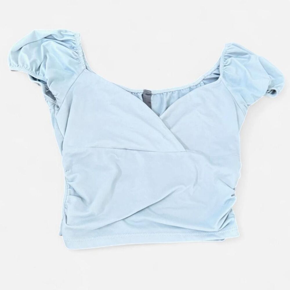 Y2K Tresser Sage Blue Puff Sleeve Wrap Crop Top